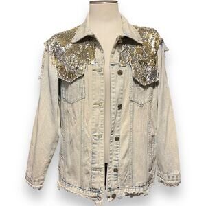 L&B Sequin Denim Jacket Distressed Acid Wash Gold Silver Medium